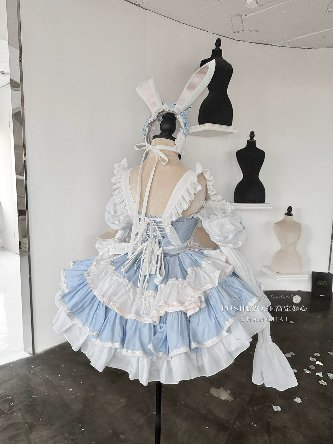 POSHEPOSE~Maid Bunny~Gorgeous Sweet Lolita OP Dress with Detachable Sleeves and Apron