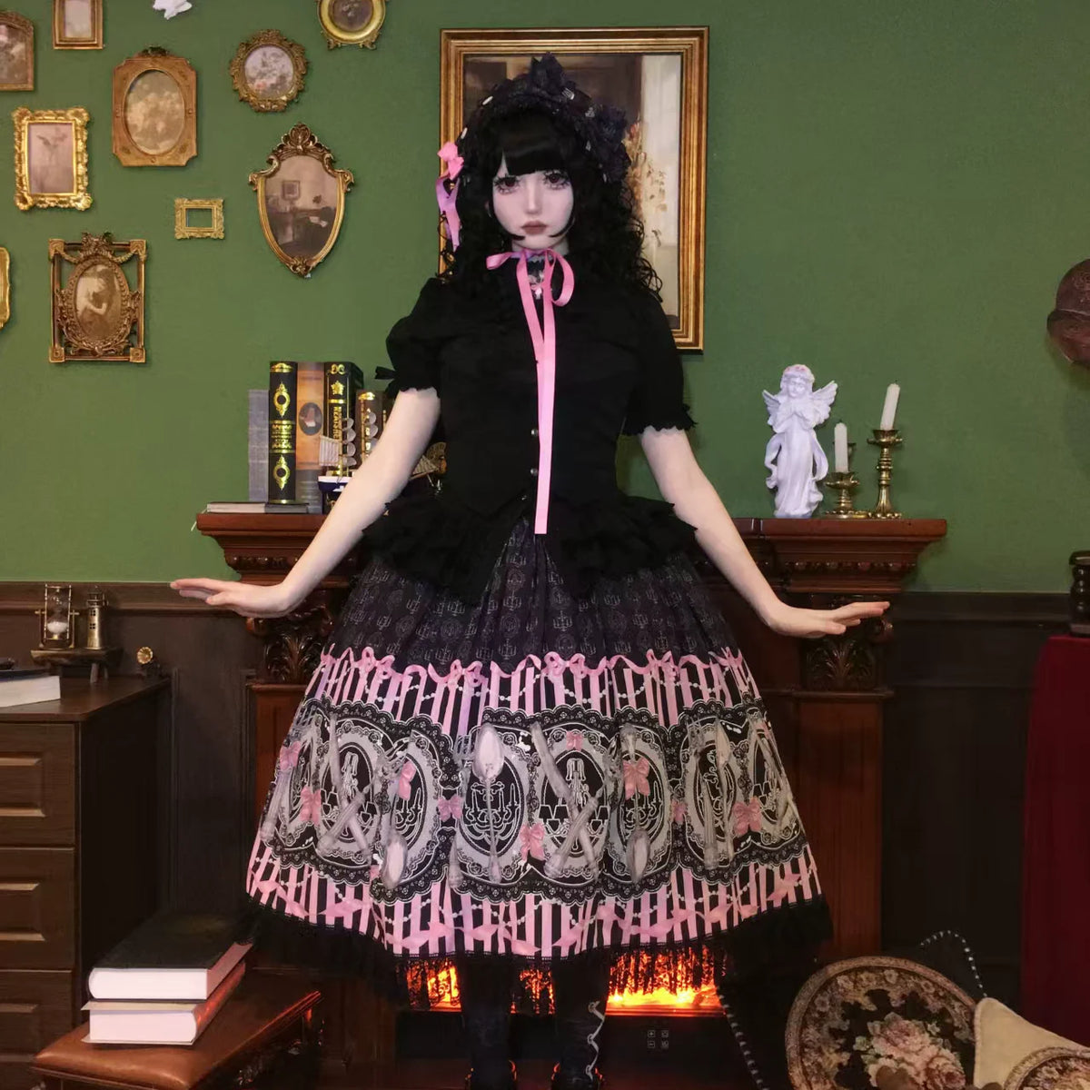Clara Table - Dark Sweet Lolita SK & JSK Dress Set, Candelabra Tableware Print 45979:870375