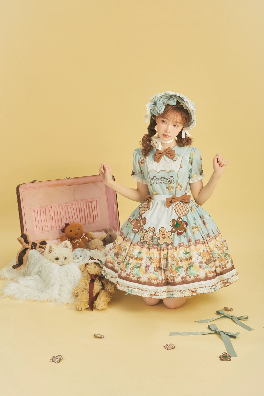 Babyblue~Little Bear Honey Jar~Kawaii Lolita Short Sleeve OP Gingerbread Man Embroidered Dress   