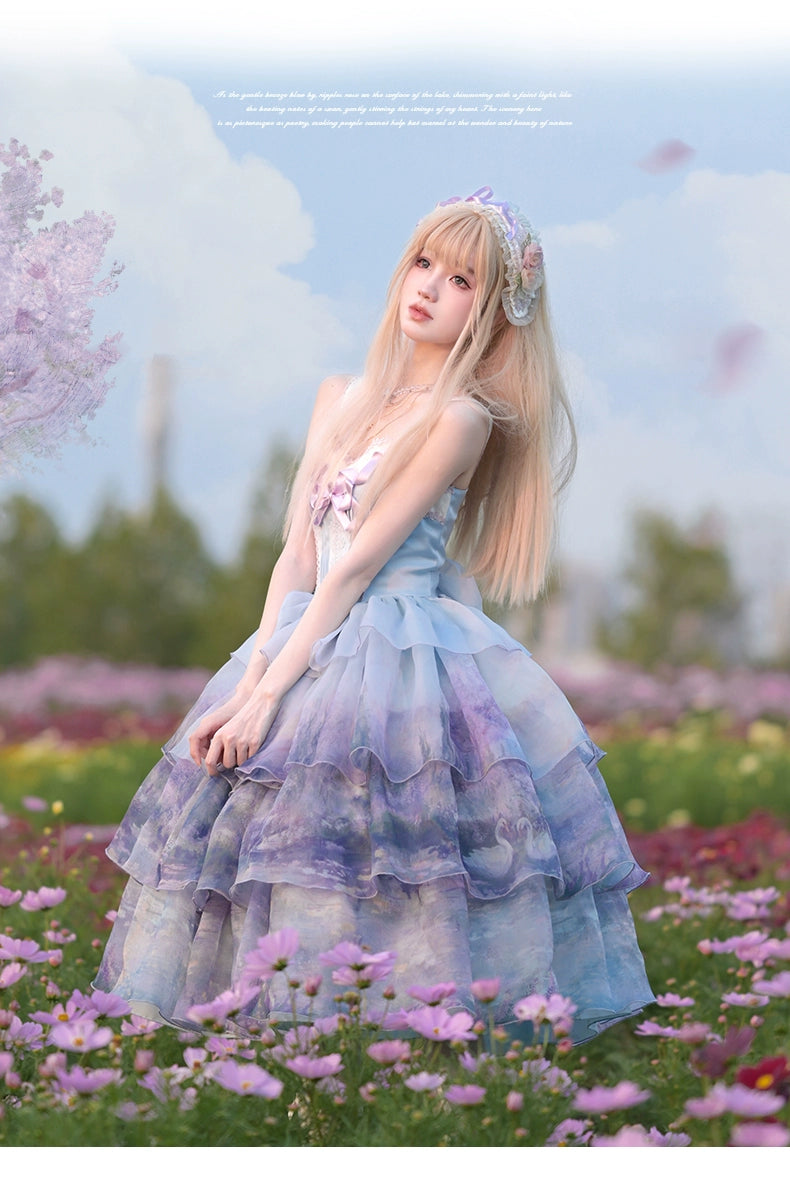 Urtto~Swan Lake~Sweet Lolita JSK Dress Tiered Oil Painting Dress   