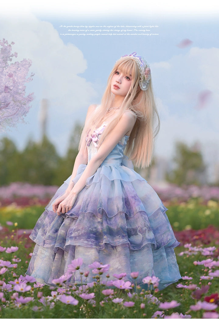 Urtto~Swan Lake~Sweet Lolita JSK Dress Tiered Oil Painting Dress