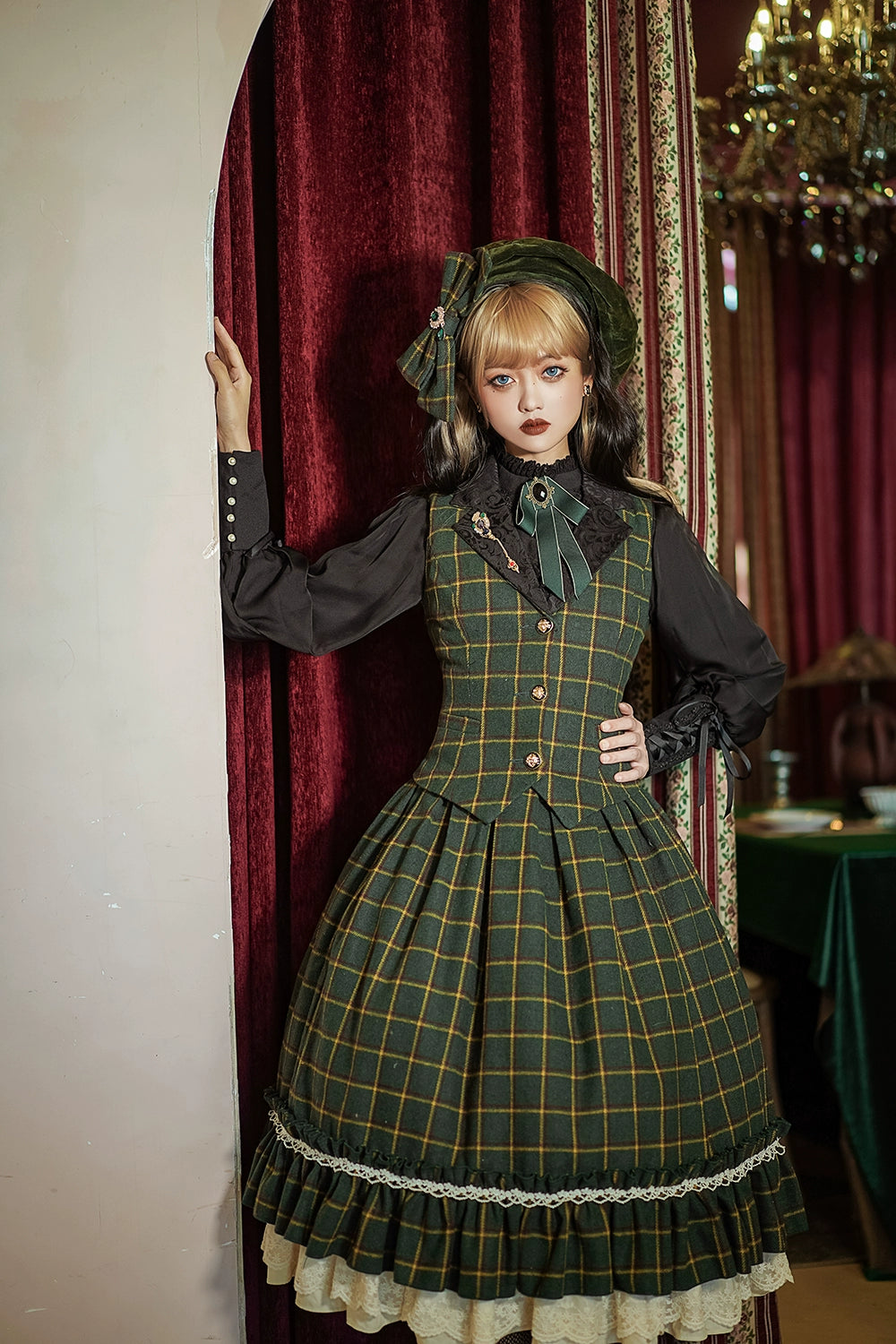 (BFM)Miss Point~Rose~Elegant Lolita Pliad Print Vest Customized S dark green grid (S) 32510:385414