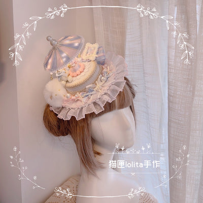 Cat Box~Night Party~Kawaii Lolita Small Top Hat KC Headdress milk pink blue  