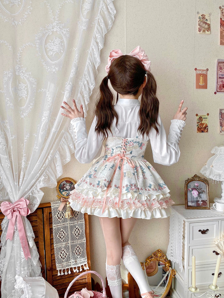 Qianmu~Rose Cream~Sweet Lolita Dress Fishbone Tiered Bust-supporting Dress   