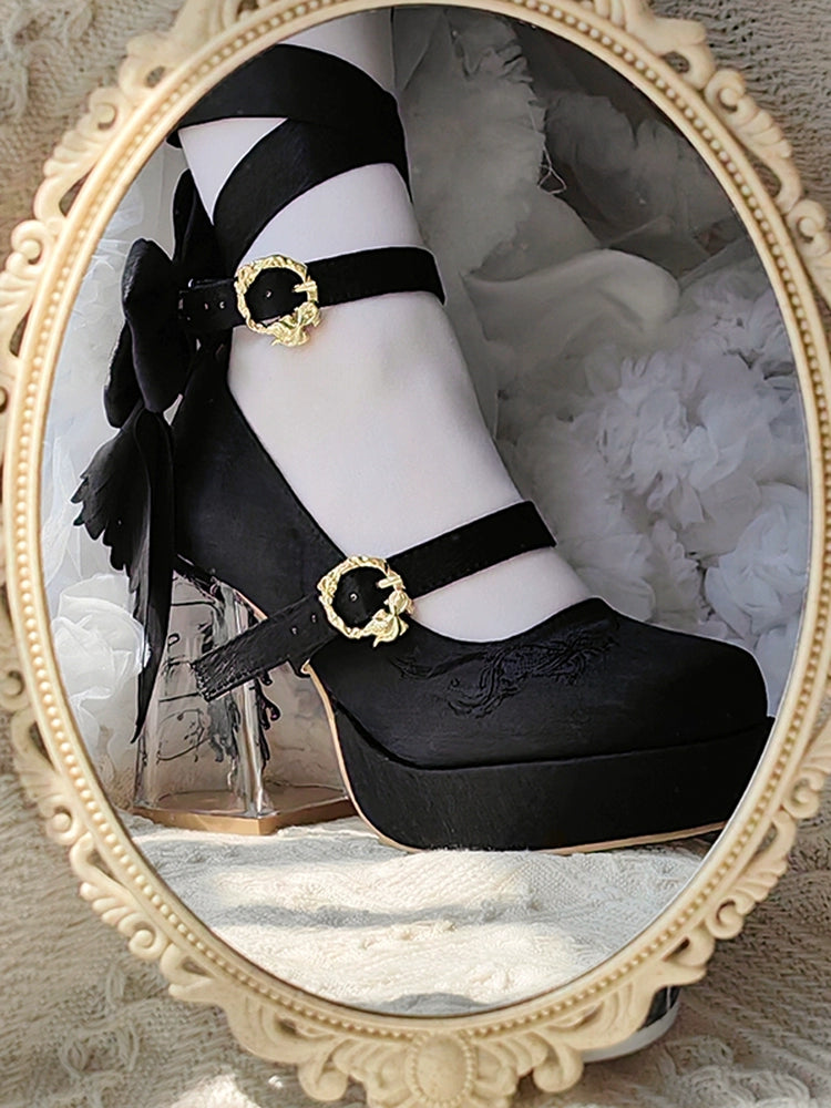 Dreamland - Floating Koi Land - Satin Classic Lolita Platform Shoes, Transparent Heel 44317:804098