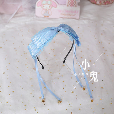 (BFM)Xiaogui~Kawaii Lolita Bell KC Lace Bow Hair Accessory light blue lace bell-tassel headband  