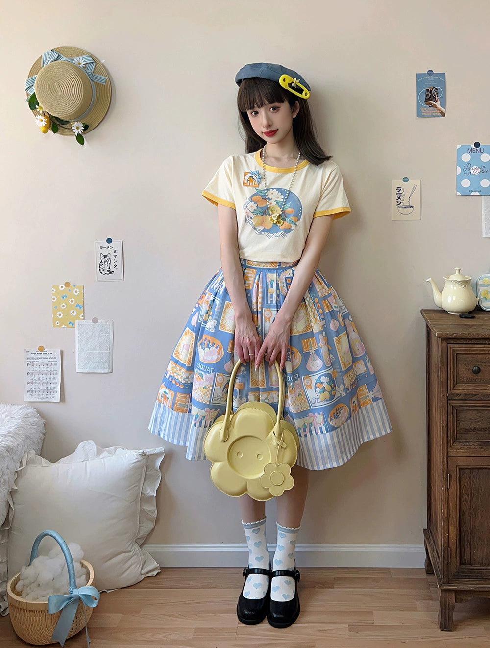 Miss Point~Daisy Lemon~Kawaii Lolita Lemon Print Skirt Customized XS blue 