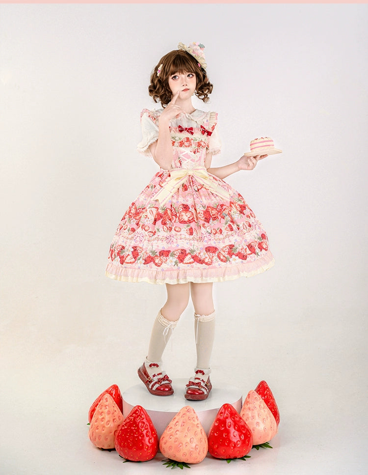 Strawberry Fantasia~Sweet Lolita OP Dress Set Puffy Skirt Long JSK and Shirt