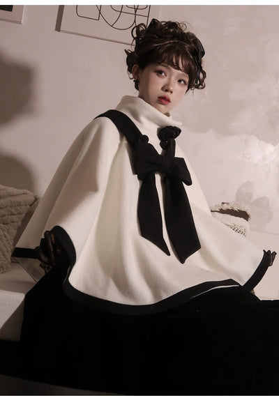 Urtto~Lolita Woolen Coat Autumn Winter Elegant Red and Cream Cloak   