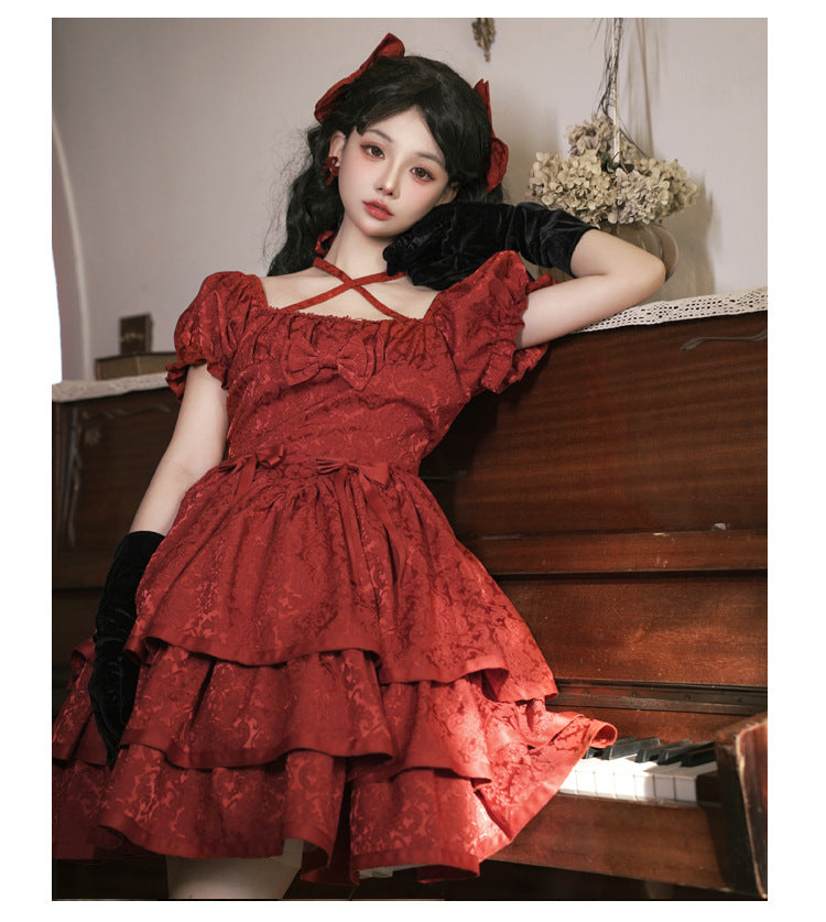Eieyomi~Elegant Lolita Short Sleeve Red Dress