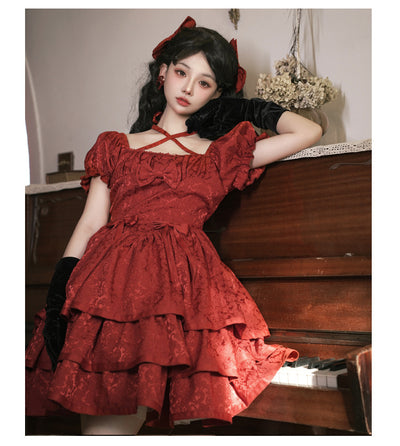 Eieyom~Elegant Lolita Short Sleeve Red Dress   