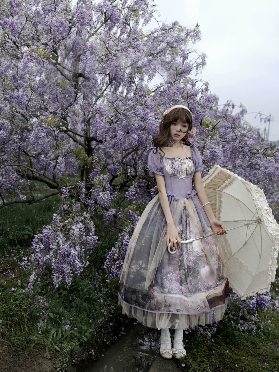 (BFM)Cyan Lolita~Blooming Tree Shade~Elegant Lolita OP Oil Painting Print Bow Dress   