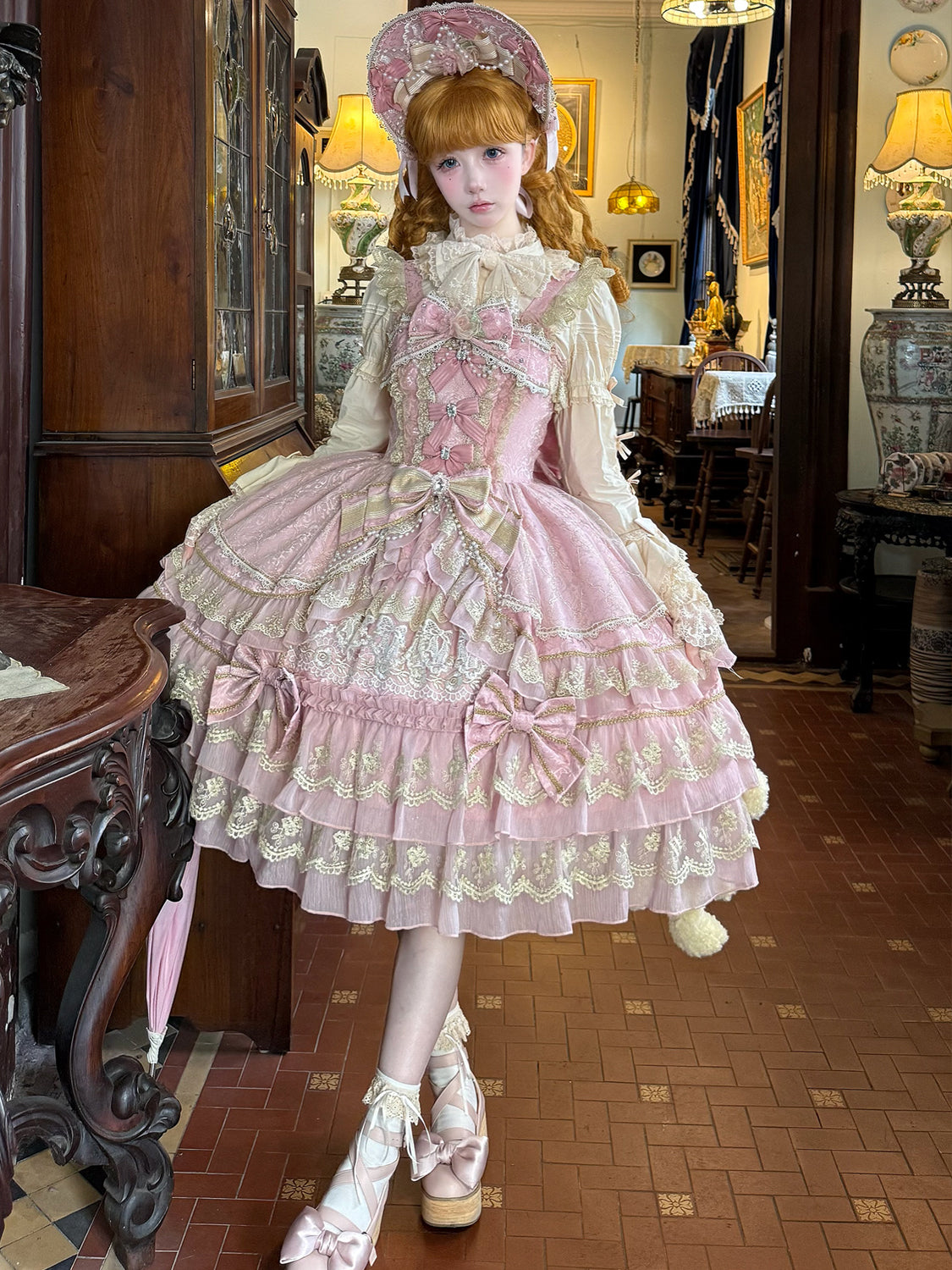Hanguliang - Gem Crown - Sweet Lolita JSK Suit Tiered Ruffles Doll-Like Dress and BNT 42610:747532