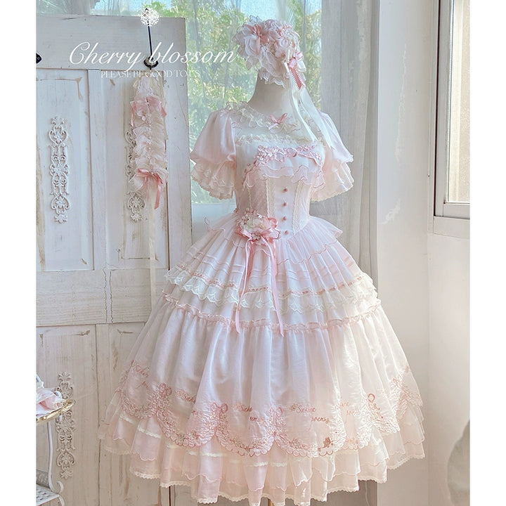 MieYe - Cherry Blossom - Pink Sweet Lolita Tiered Dress OP / Regular sleeves S