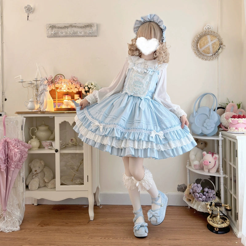Hanguliang - Sweet Bear - Kawaii Lolita JSK Dress Embroidery Flounce Hem S blue JSK + brand carton box