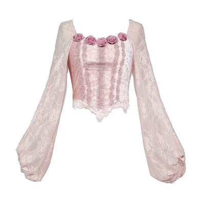 Blood Supply~Sakura Nightmare~Gothic Velvet Pink Mermaid Lolita Skirt S lace puff sleeve top 