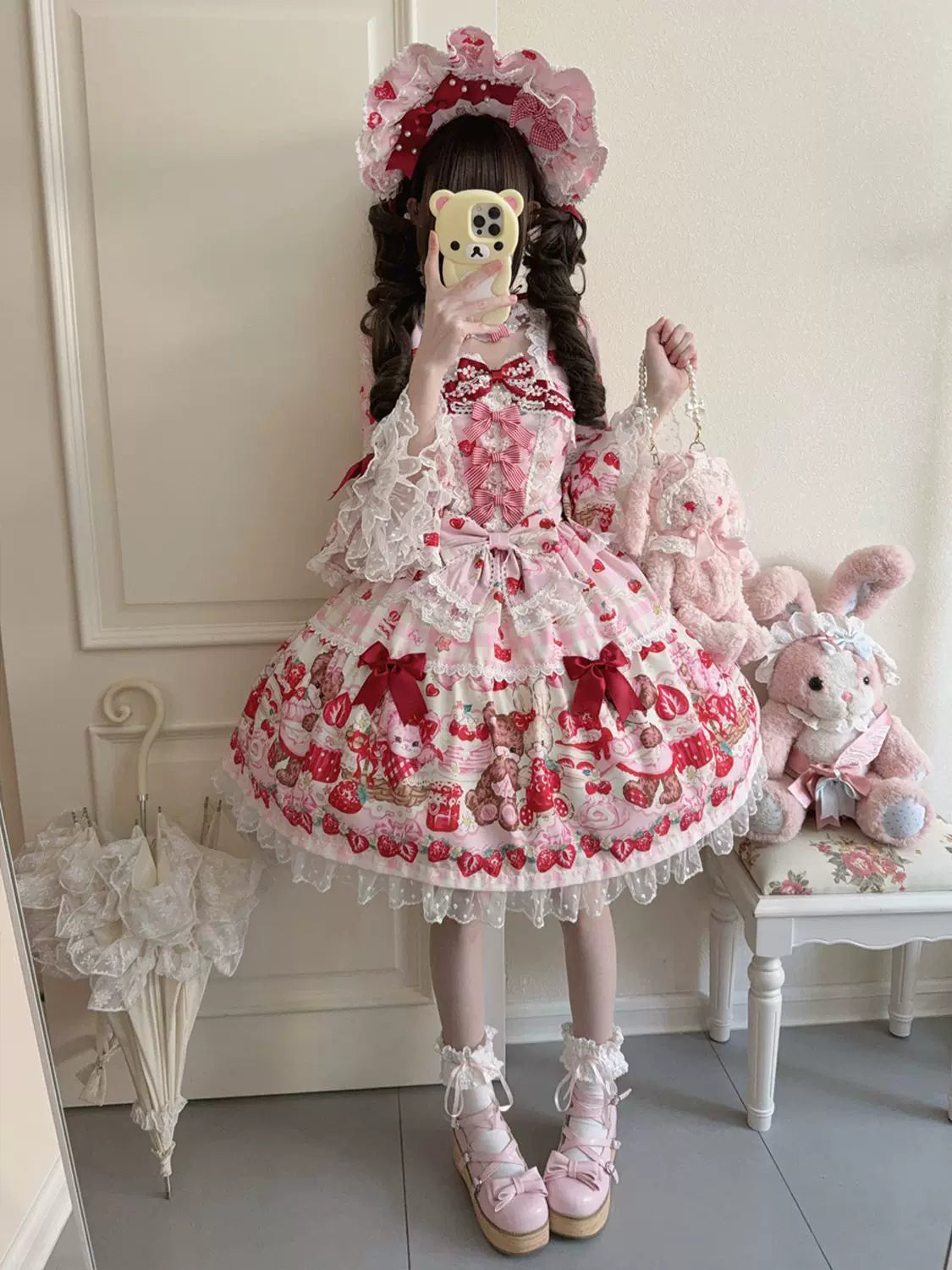 SweetBerry Bunny Bear - Sweet Lolita Hime Sleeve OP Dress, Strawberry and Bear Print