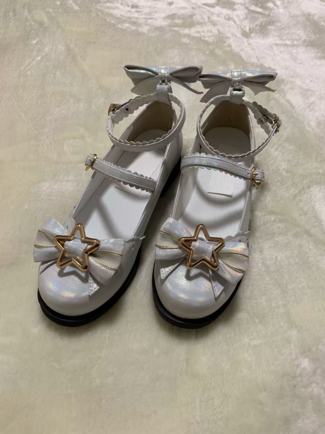 (BFM)Bubble Cat~Dreamy Starry~Sweet Lolita Shoes Low Heel Bow Shoes 34 white (giltter under the sun) 
