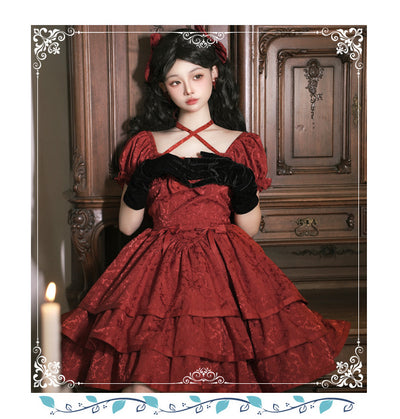 Eieyom~Elegant Lolita Short Sleeve Red Dress   