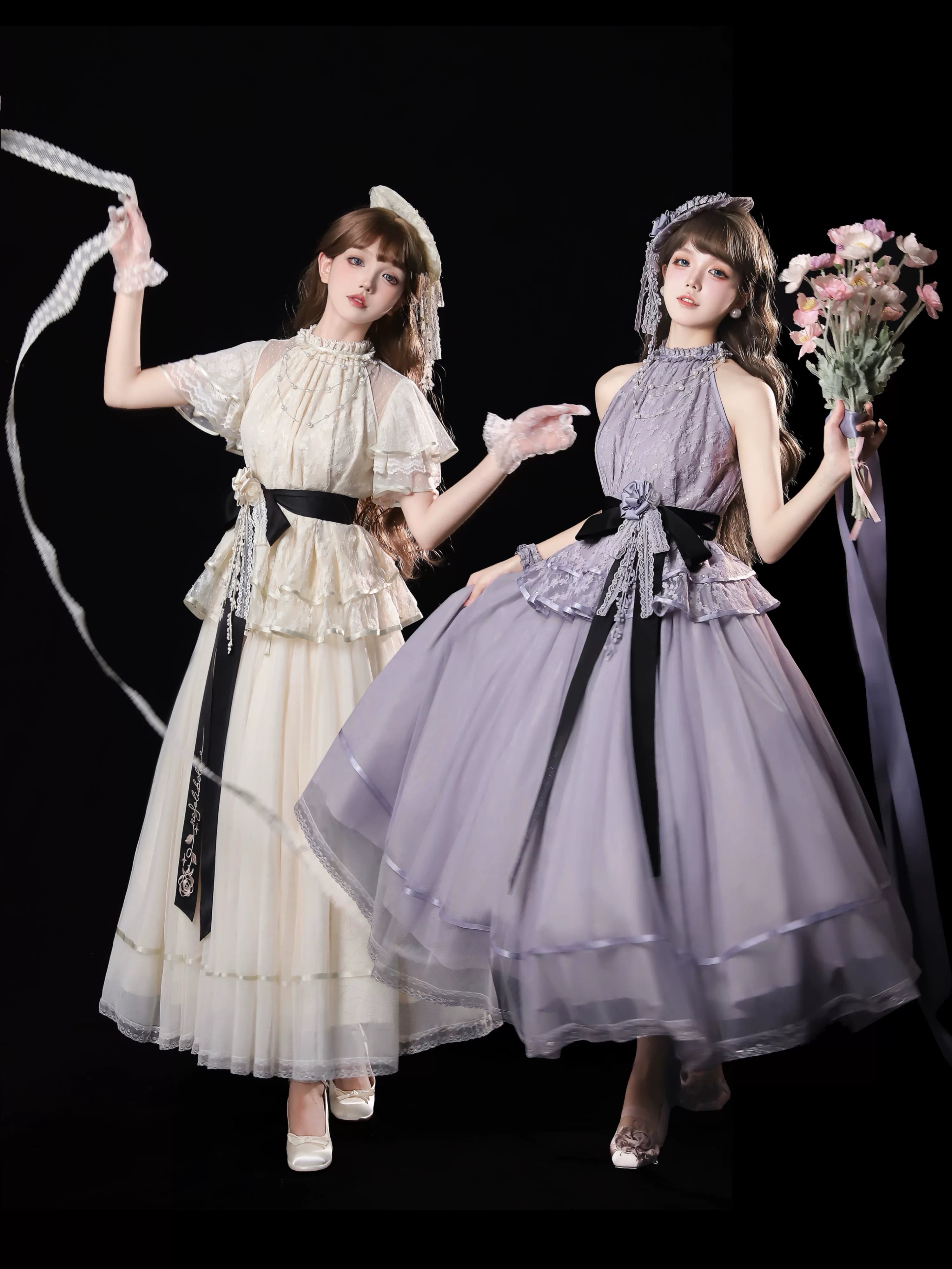 Moonlight Ode - Classic Lolita Lace Halter-neck Blouse & Tulle Skirt Set