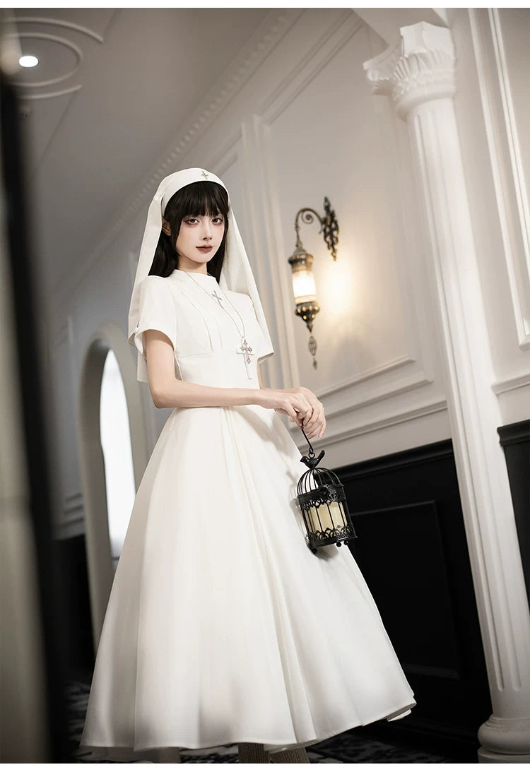 Nihil - Gothic Nun Lolita OP Dress, Irregular Hem Cape 44717:819730