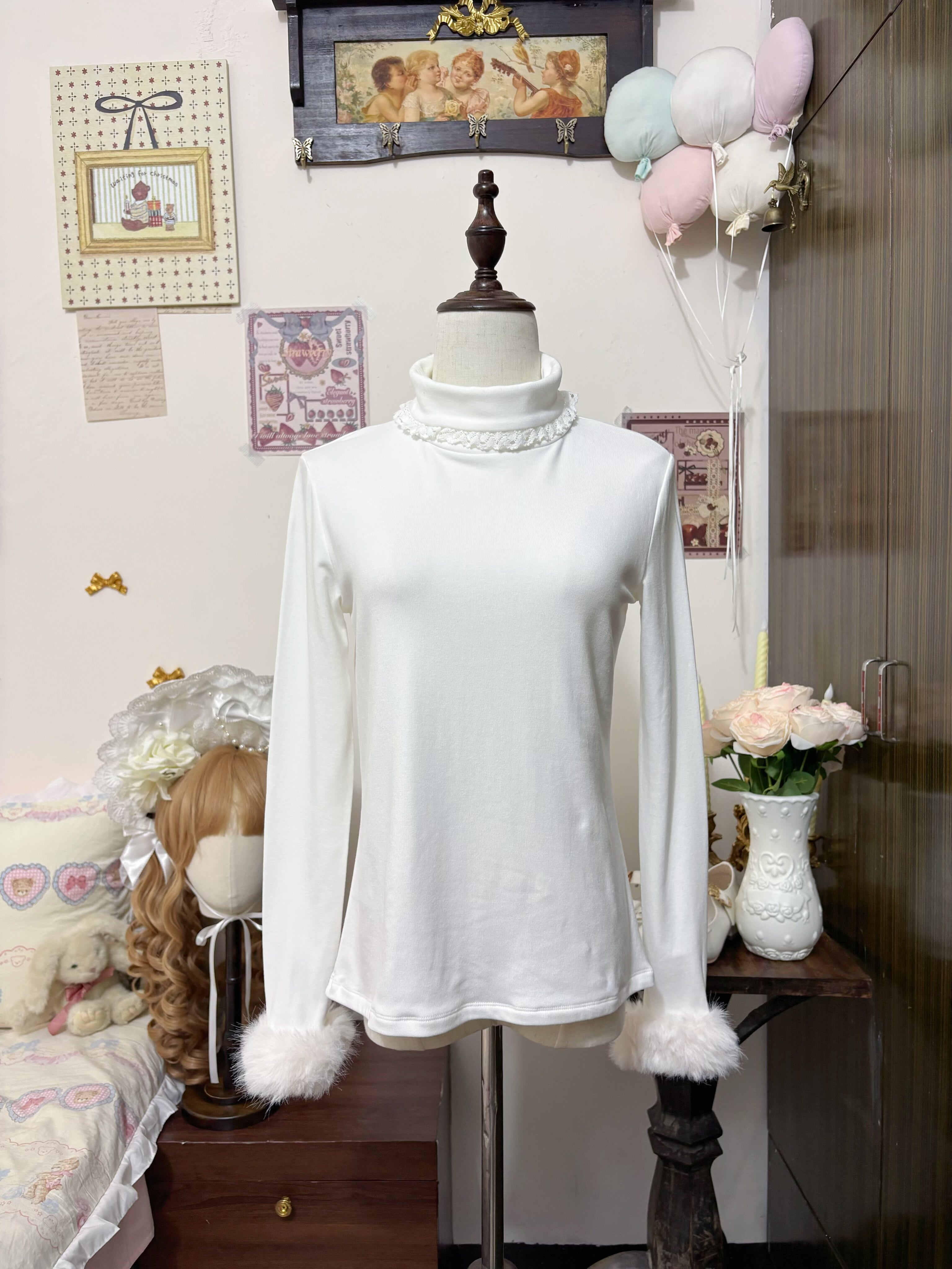 Mengfuzi - Kawaii Lolita High-neck Inner Wear, Fuzzy Cuffs (White / L M S) 44185:798277