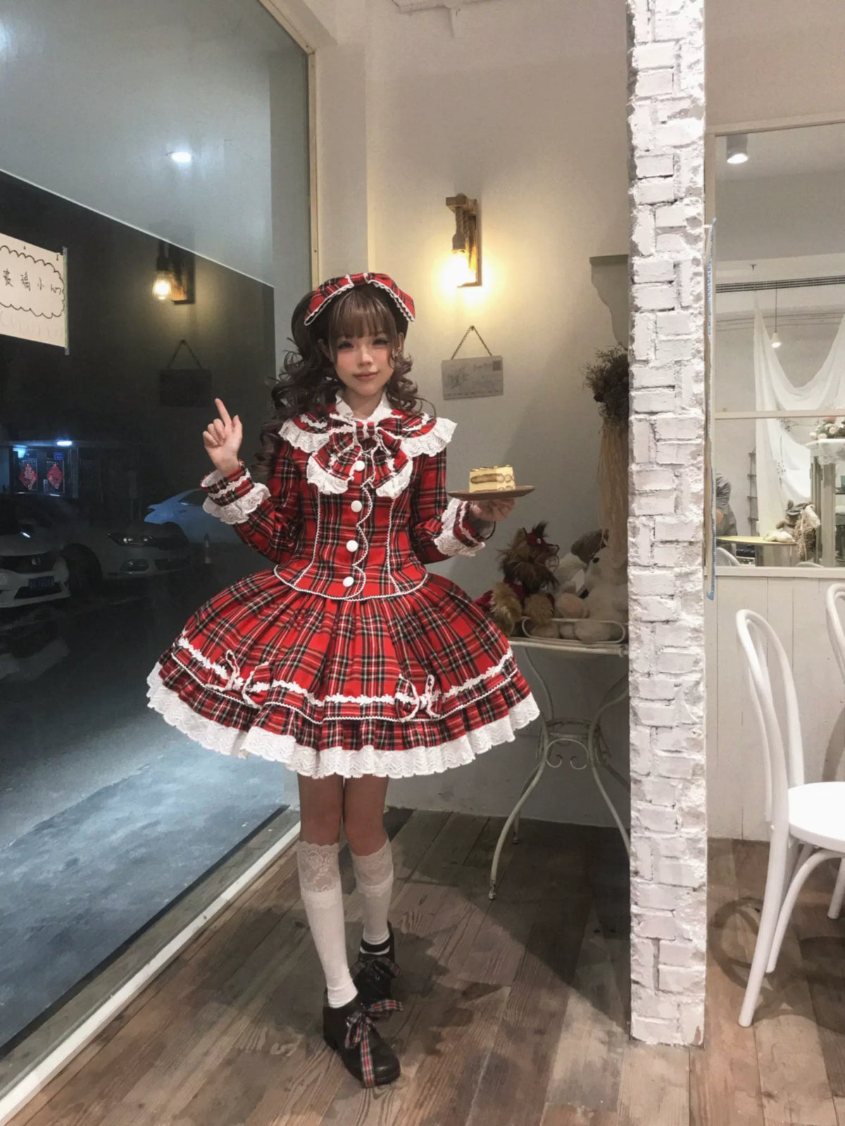 Christmas Knot - Christmas Old School Lolita Jacket & Skirt Set, Red Plaid 46051:873280