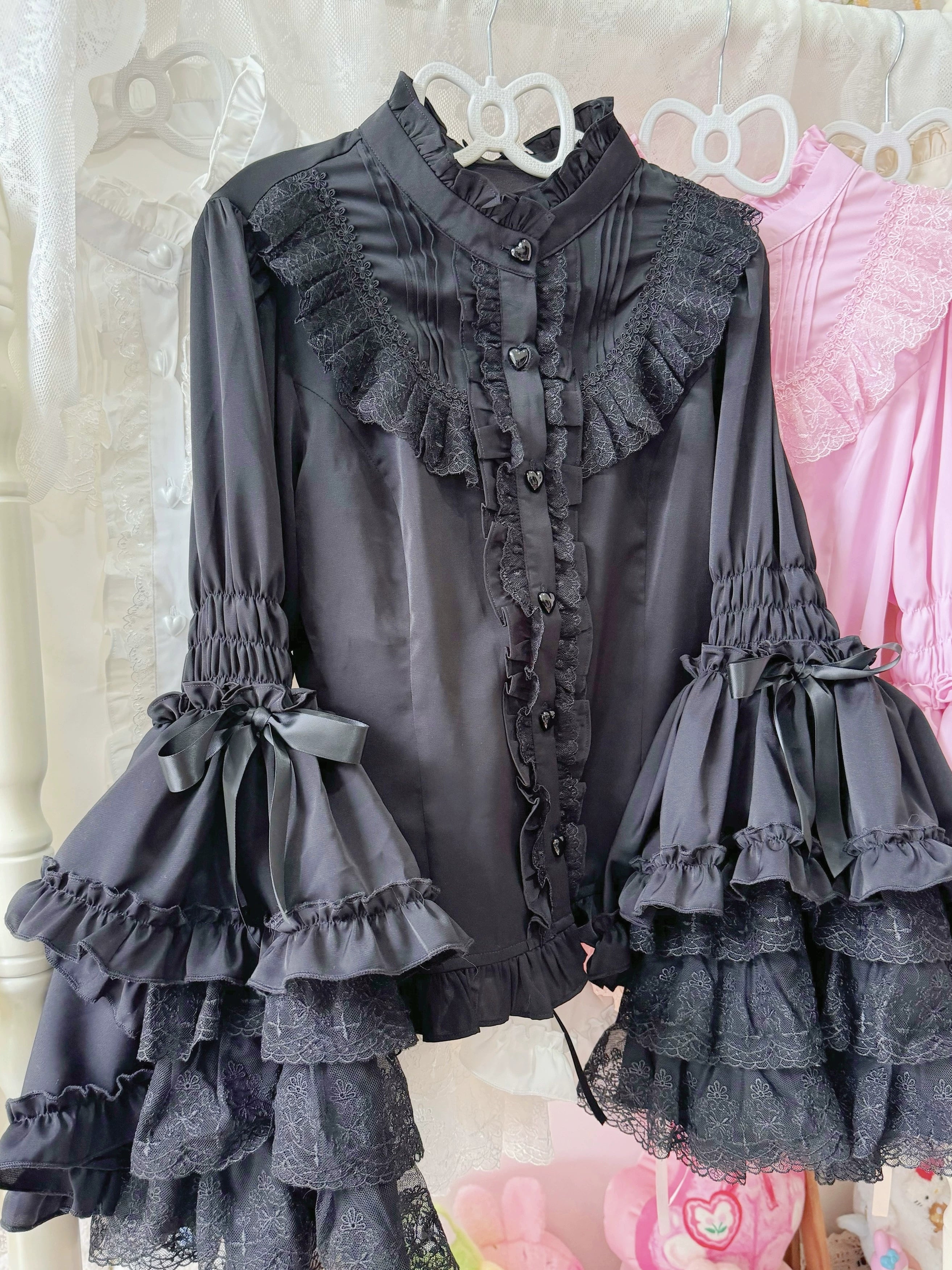 Twilight Zone - Gorgeous Sweet Lace Lolita Shirt, Hime Sleeve (Black / 2XL 3XL L M S XL XS) 44049:793733