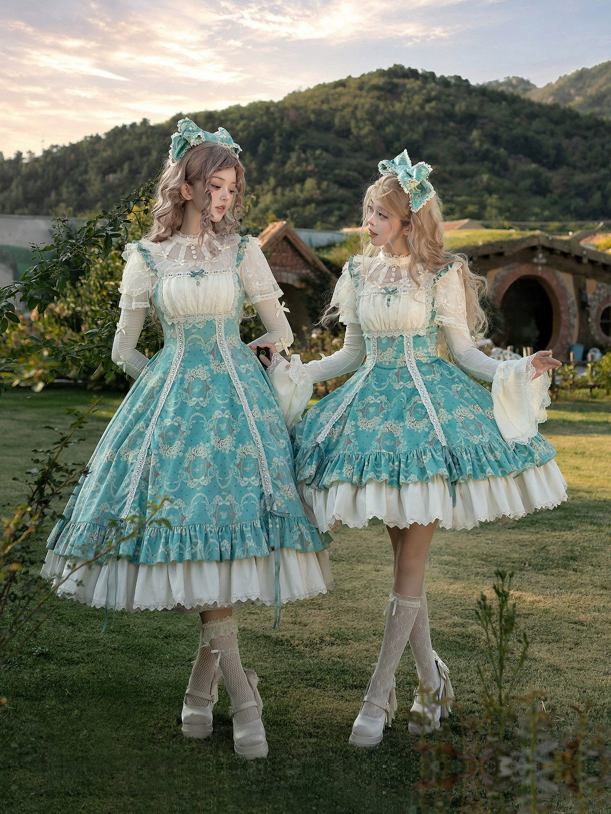 Old Courtyard Floral Letter - Classic Lolita Printed JSK Dress Set, Drawstring Lift-up Hem 46102:875277