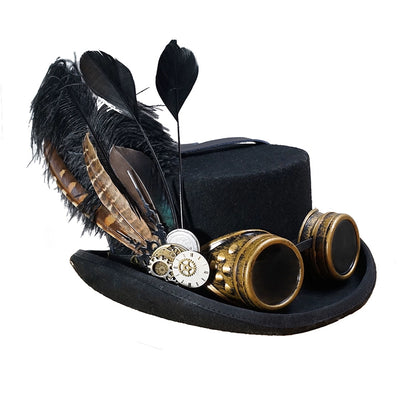 (BFM)Mr. Yi's Steam Continent~Punk Lolita Bonnet Black Feather Wool Flat Top Hat S black 10cm 