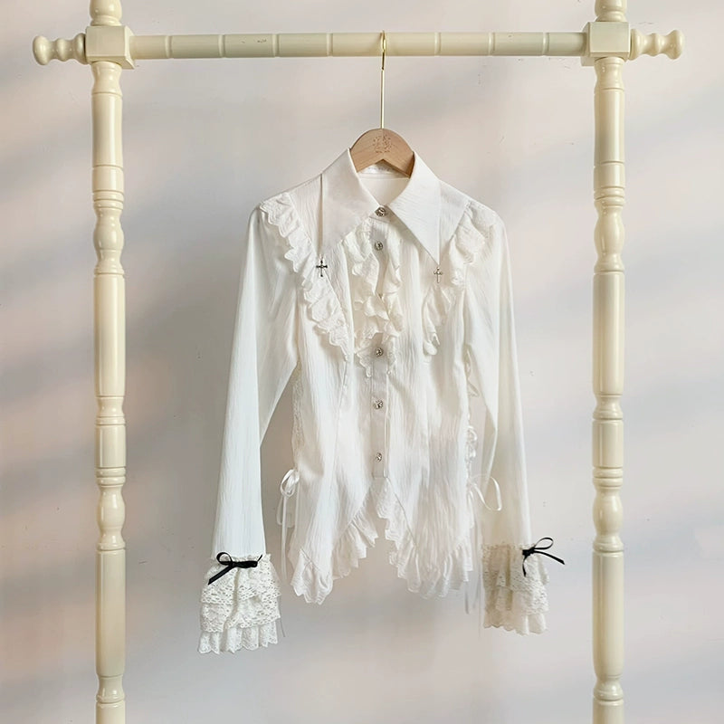 With PUJI - Black White Gothic Lolita Blouse, Waist Lace-Up
