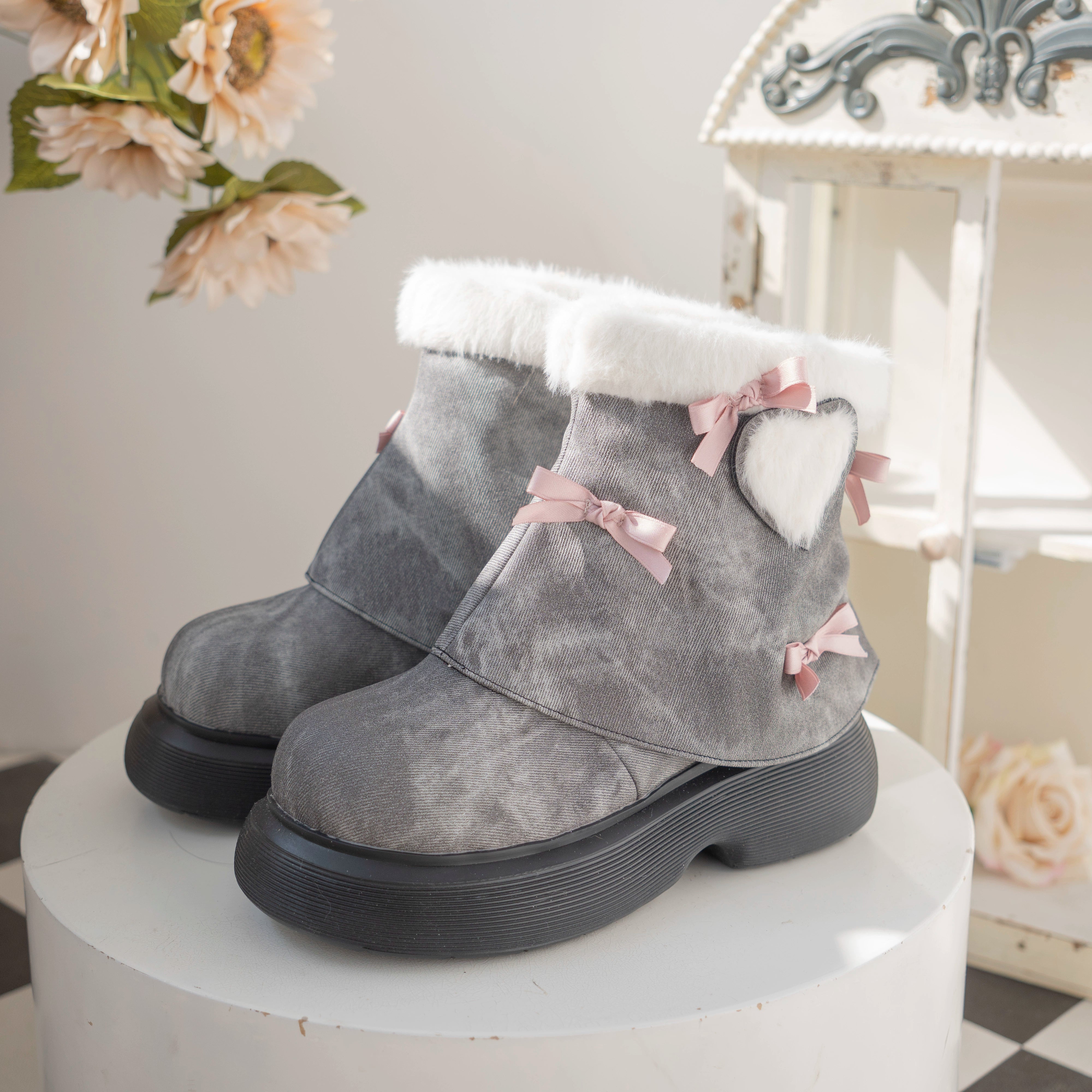 Dolly Doll~Ponyo~Winter Casual Lolita Boots Bow Thick Sole Shoes 34 Charcoal gray (34 35 36 37 38 39 40) 32676:407932