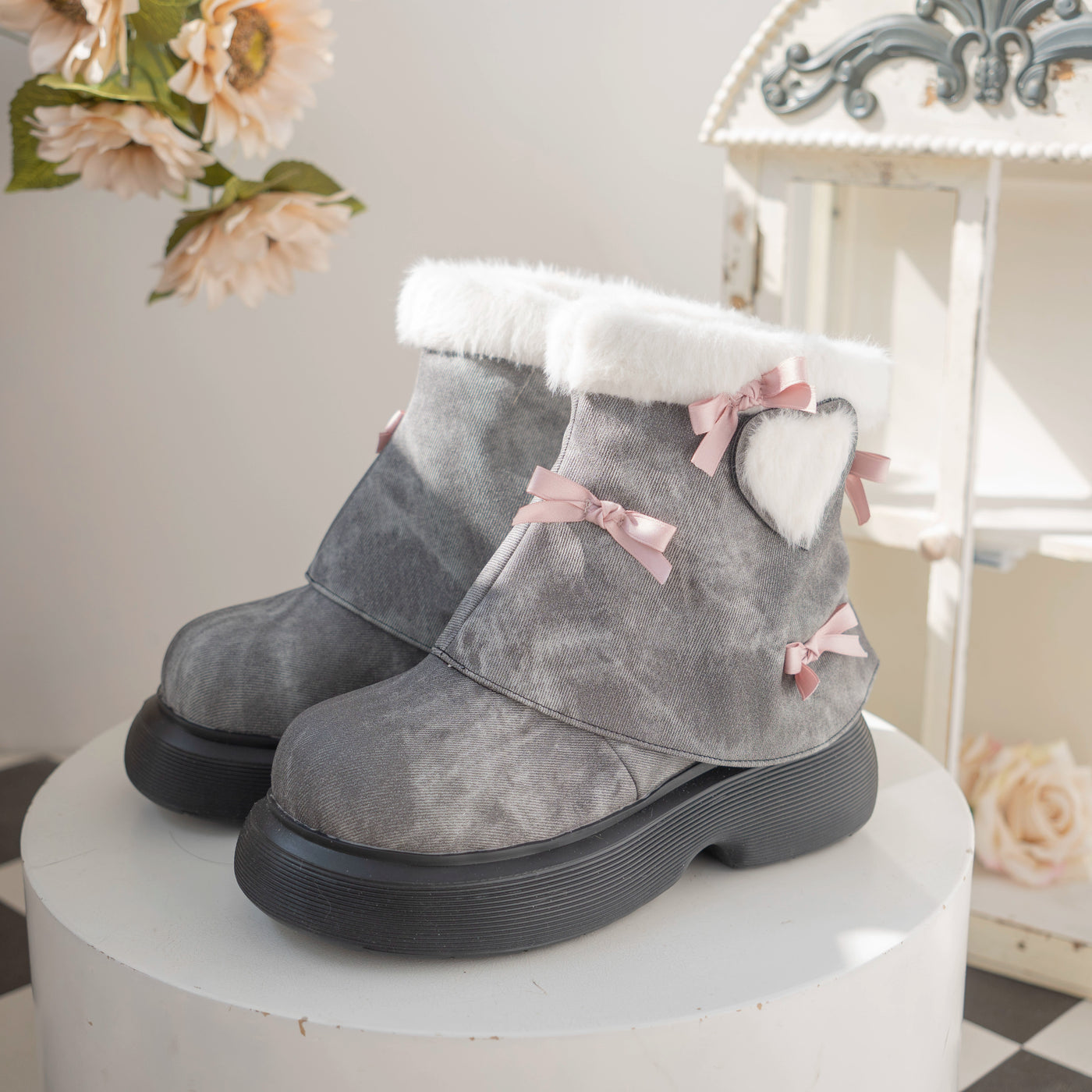 Dolly Doll~Ponyo~Winter Casual Lolita Boots Bow Thick Sole Shoes 34 Charcoal gray 