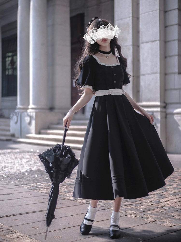 HuTaoMuJK - Thoughts - Vintage Lolita OP Dress Square Neckline Black Lolita Dress