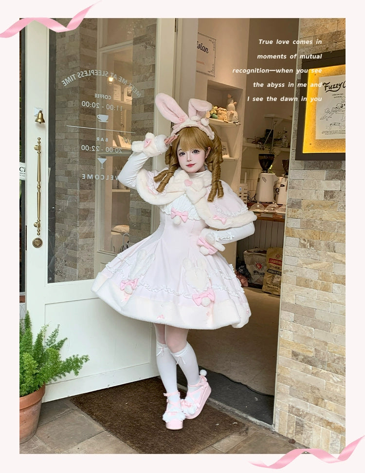 Mengfuzi - Bunny Mochi - Winter Doll-like Sweet Lolita Cape Dress Set 44099:797416