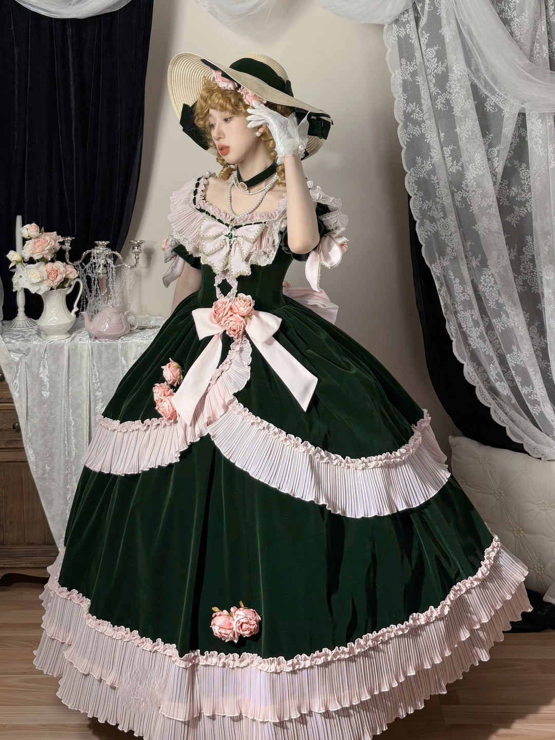 Meowing and fruity~Rose Ode~Elegant Lolita Accessories with Rose Decorations Green OP - BNT only