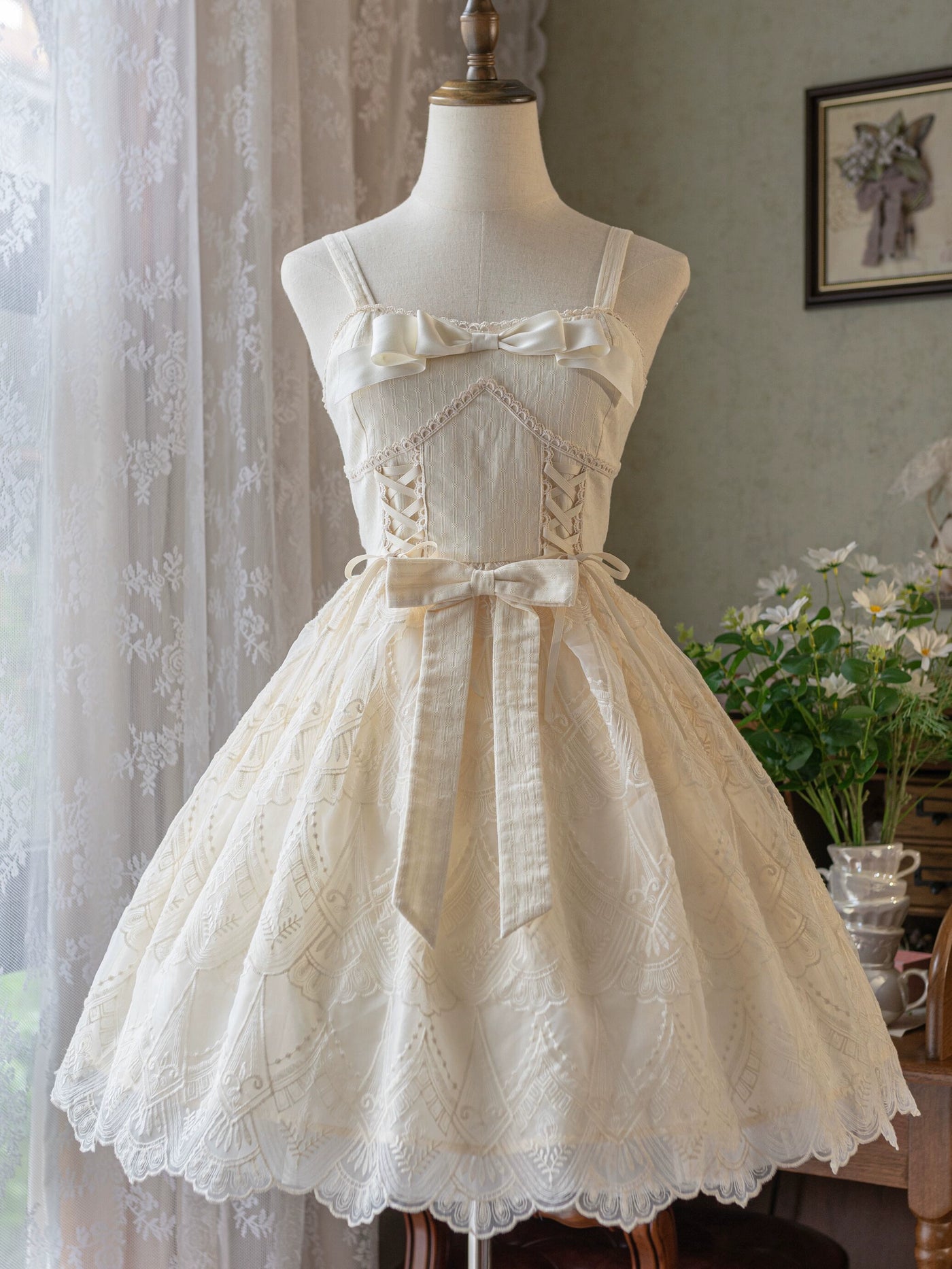 Uncle Wall Original~White Wave Tide~Sweet Lolita JSK Dress Solid Color Dress S JSK 