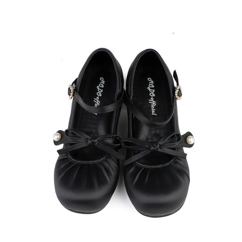 MODO~Glimmer Ballet~Elegant Lolita Shoes Low Chunky Ballet Round-toe Heels Black 35