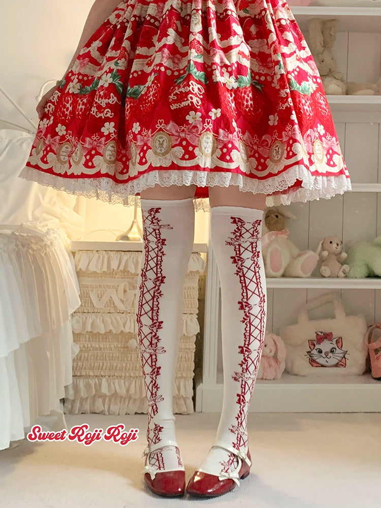 Roji Roji - Classic Lolita Socks Autumn Mid-calf Cotton Socks Red bow socks only One Size