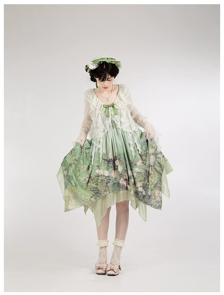 With PUJI~Blooming Rose~Chiffon Classic Lolita Dress Set Painting Styled OP & JSK