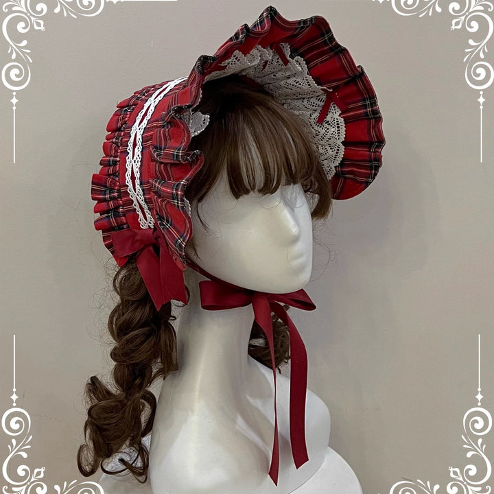 (BFM)Little Bear~Laura's Doll~Sweet Lolita Bloomer Bonnet Headband Hair Clip Red Plaid BNT Free size 