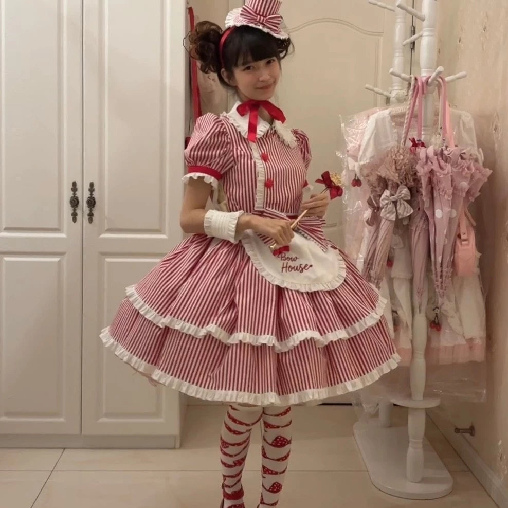 Ever-charming Miss Stripes - Striped Old School Lolita OP Dress, Detachable Apron 44920:827579
