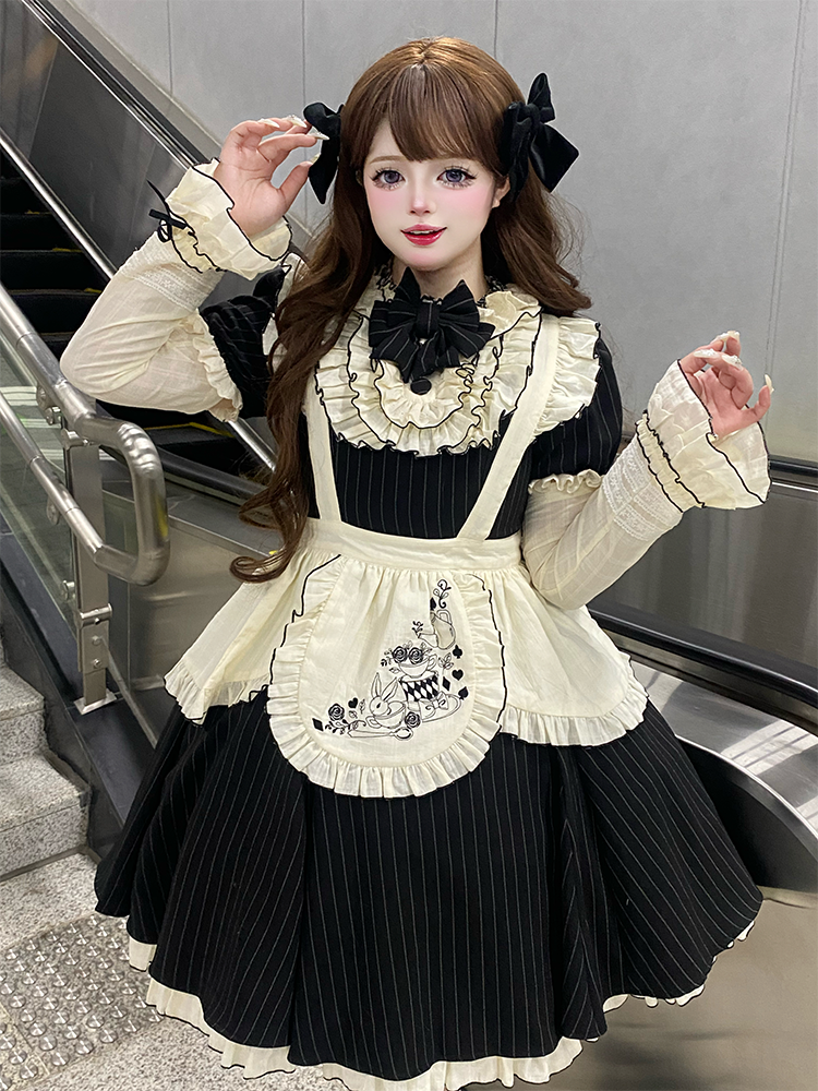 Chubby Cat Diary - Afternoon Tea - Striped Sweet Lolita OP, Petal-Ruffled Apron (2XL 3XL L M S XL) 44318:804551