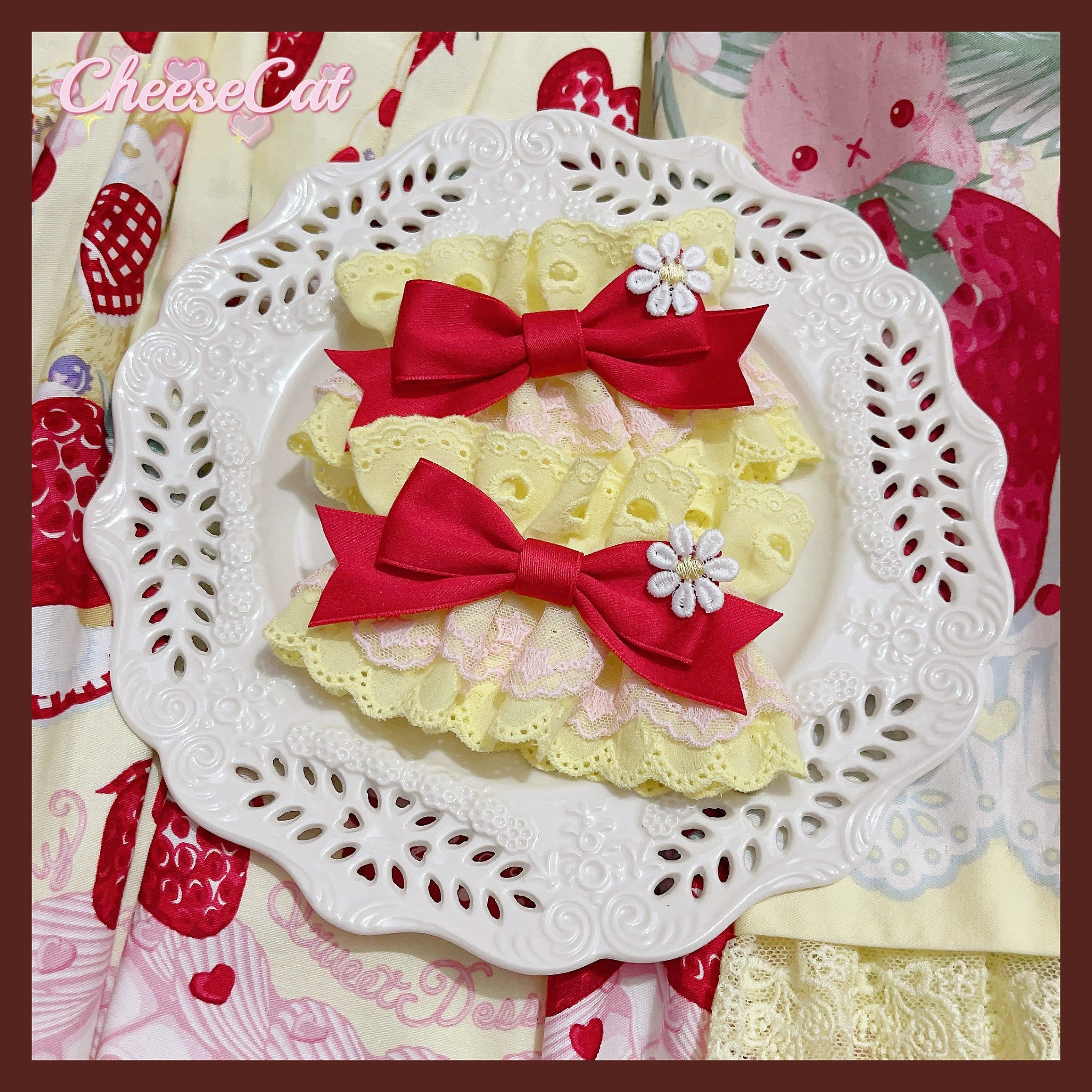 CheeseCat - Creamy Celestial - Sweet Lolita Cuffs Handmade Lace Cuffs Yellow x red