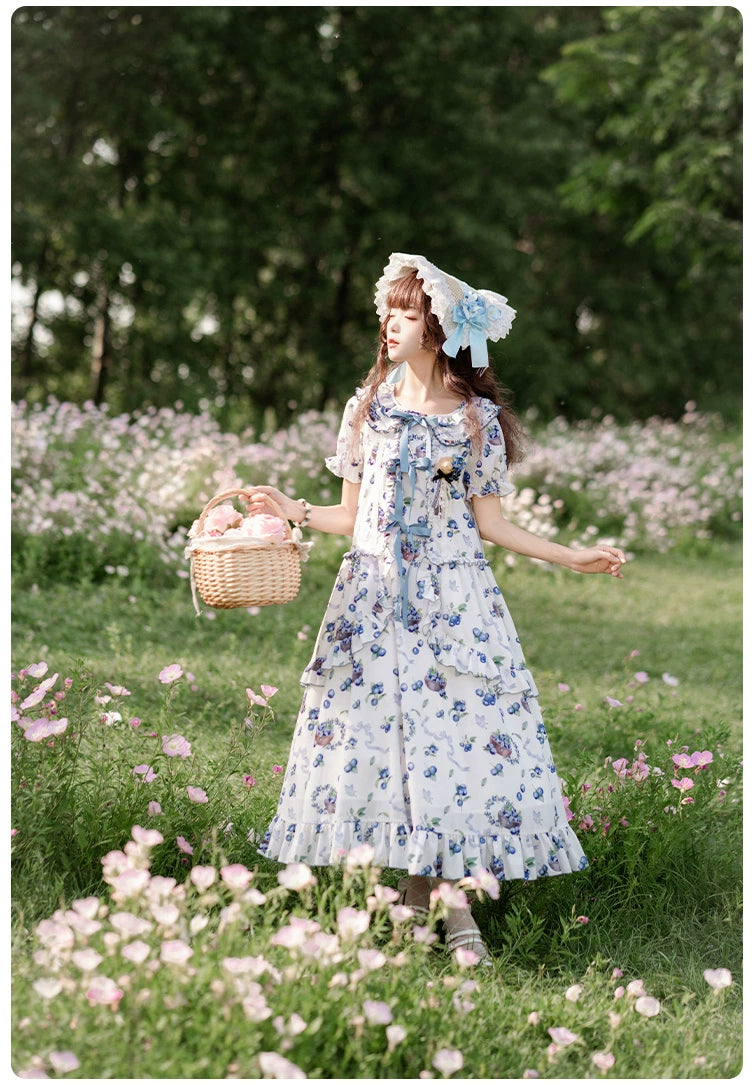 With PUJI~Berry Basket~Country Lolita OP Dress Blueberry Print Dress   