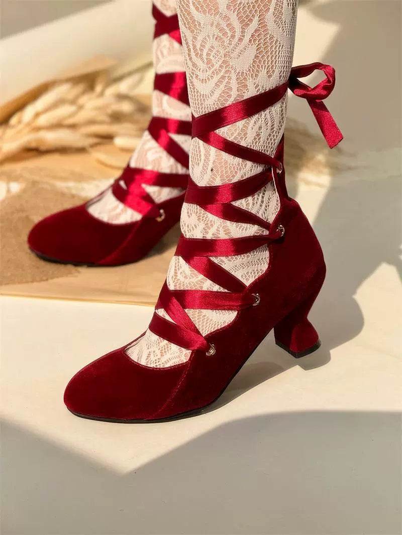 MR.Qiutian - Forbidden Dance - Elegant Lolita Velvet Shoes, Adjustable Lace-Up Straps Burgundy 35