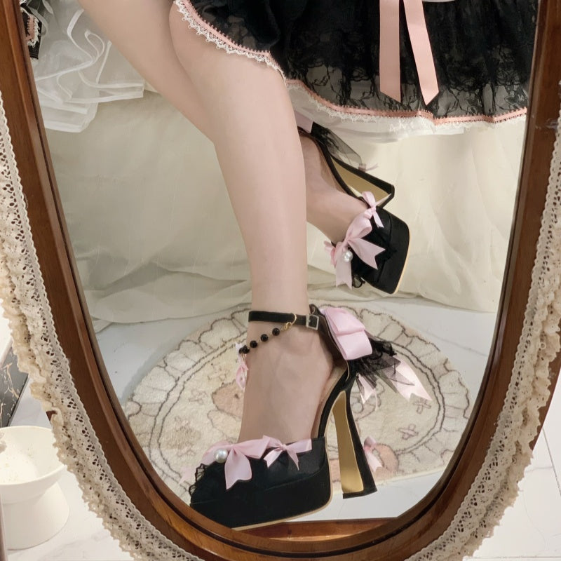 Sky Rabbit - Butterfly Dream - Wedding Sweet Lolita Platform Shoes with High Heels Black Pink - Regular Version 35