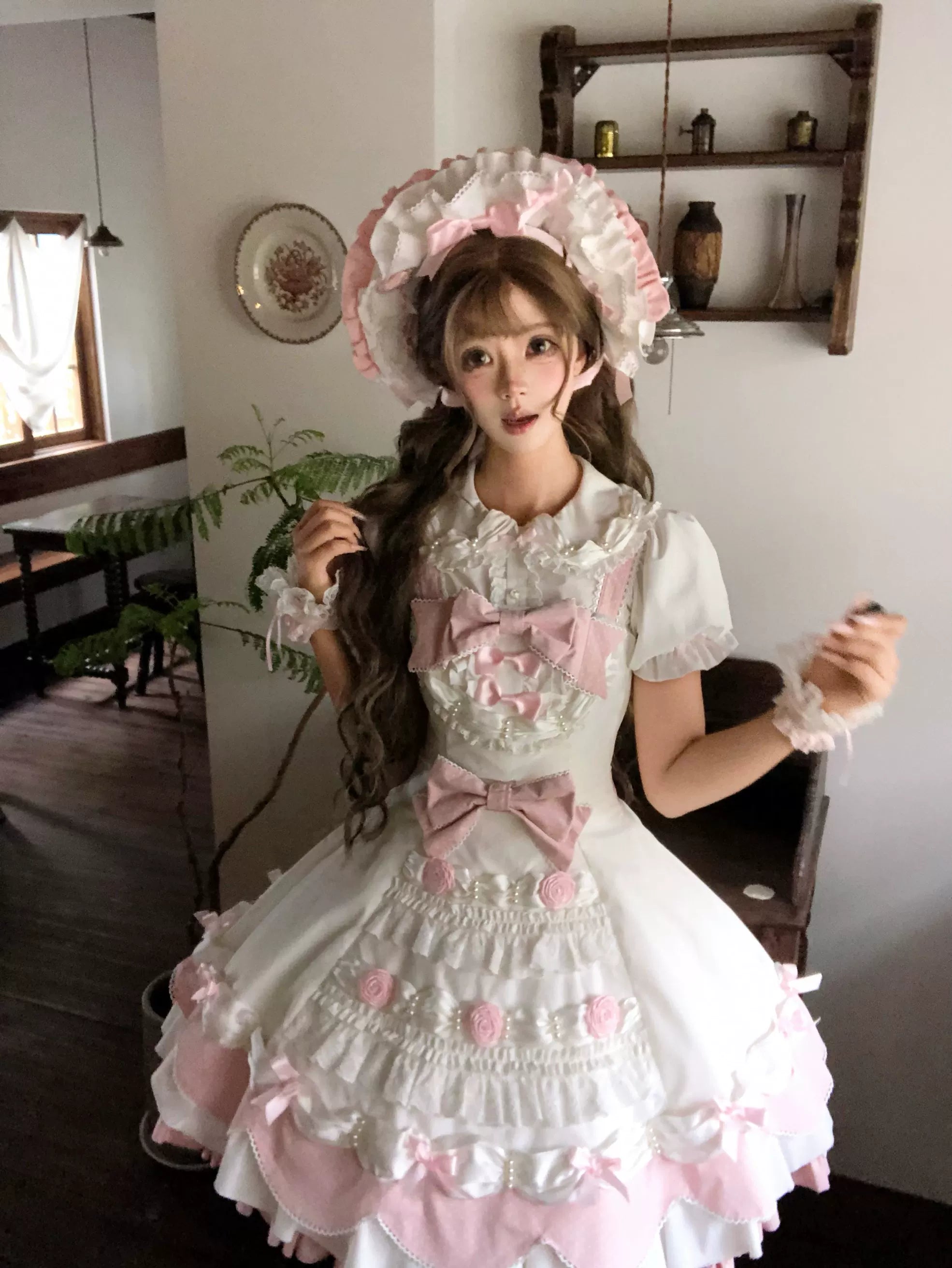 Cream Rosette Cake - Old School Lolita JSK Dress, Rose & Pearl Accents 45769:861449