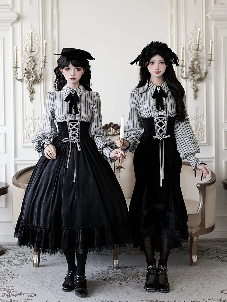 Dusk Moment - Classic Lolita Striped OP & Mermaid Dress Set, Fishbone Waist 44498:810666