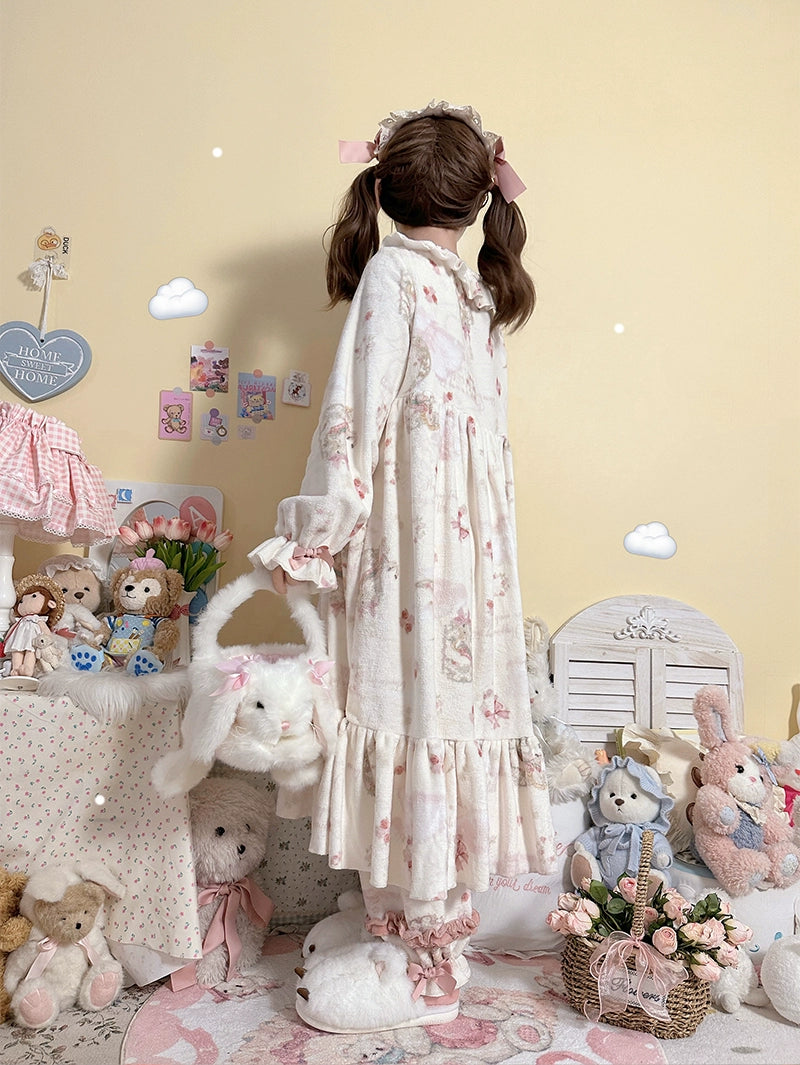 Baduoni~Starry With Moon~Winter Sweet Lolita Nightgown Dress Flannel Dree with Pants